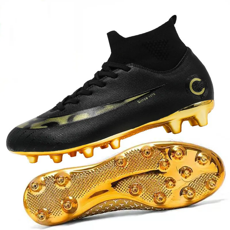 

Outdoor High Top Artificial Grass Men Soccer Boots Unisex AG Long Spikes Hard Grip Cleats Football Sport Sneakers Gold Sole