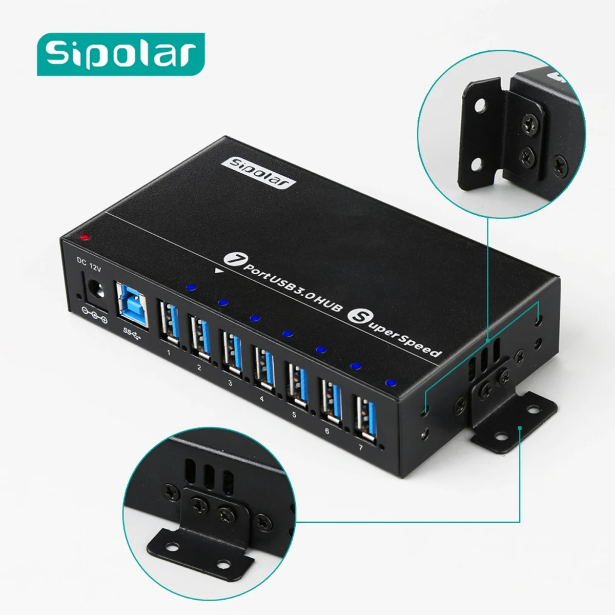 Фото Sipolar A-173 Металлический 7-портовый сверхскоростной USB 3.0 промышленного класса с питанием от 36 Вт и несколькими зарядными устройствами с монтажным кронштейном на DIN-рейку №1