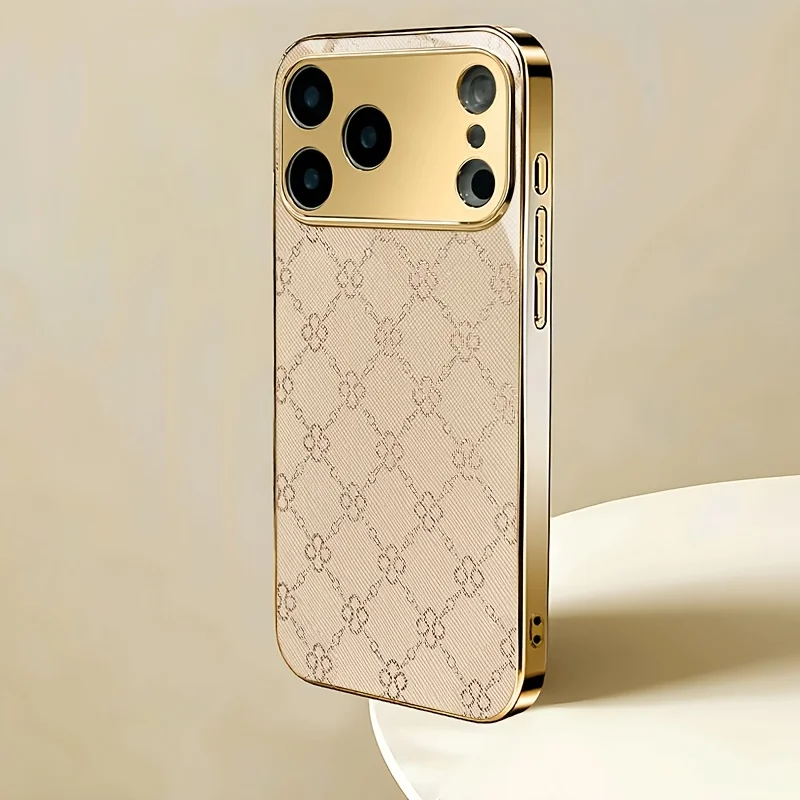 Фото Роскошный чехол для iPhone 17 с золотой рамкой и принтом клевера, модный стеклянный чехол для iPhone 17, 16, 15, 14, 13, Pro, Plus №1