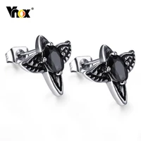 vnox gothic earrings for men black aaa cz stone with wings stud earrings cool punk rock ear jewelry