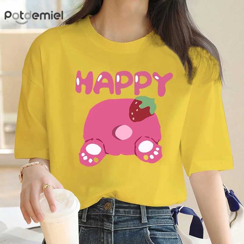 

Large size T-shirt Short-sleeved Women's Summer New Korean Strawberry Bear Print Medium Long Loose T-shirt Solid Color Top