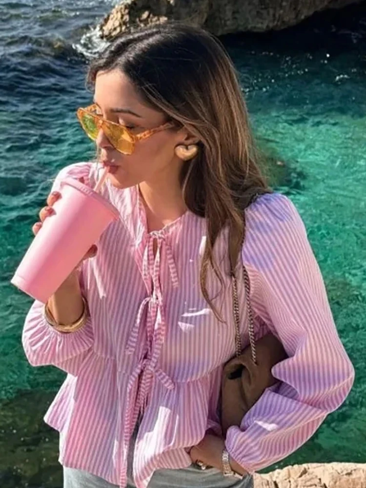 Женская ажурная рубашка EDSA винтажная блузка с длинным рукавом-фонариком круглым