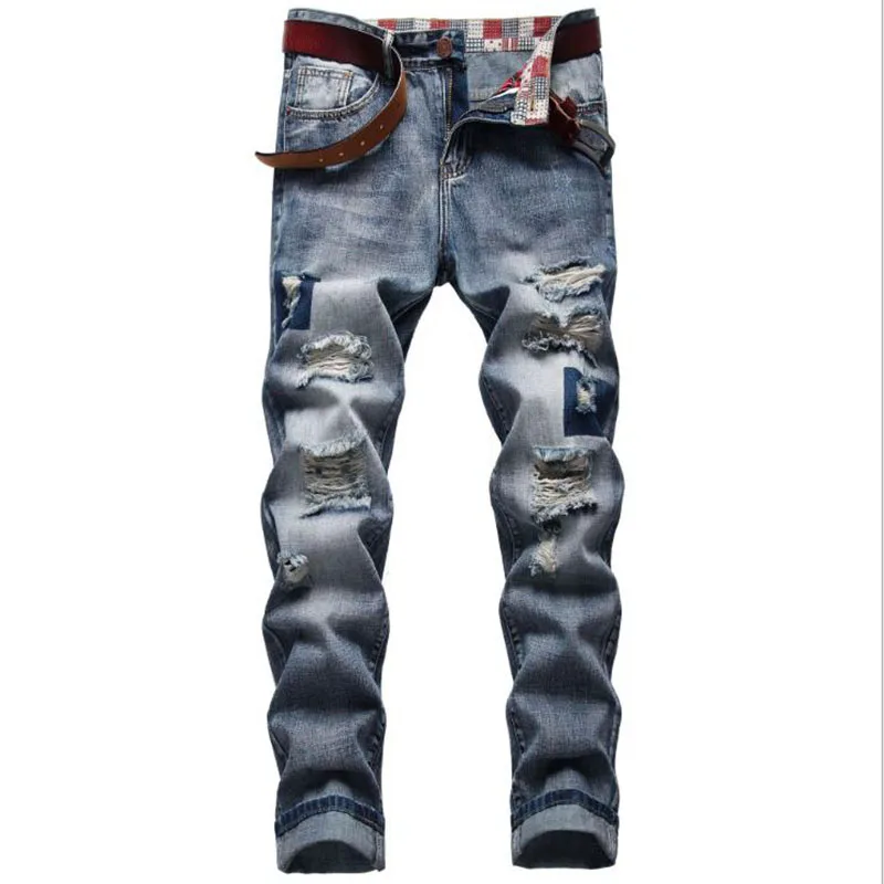 

Men Blue Ripped Jeans Destroyed Cotton Denim Pants Men Casual Hip Hop Hole Trousers Autumn Fashion Long Jeans Plus Size 29-42