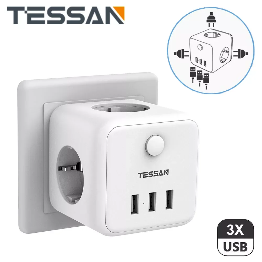 

TESSAN White EU Plug Power Adapter with 3 USB Charger Ports 3 AC Outlets and On/Off Switch Cord Overload Protection Multi Socket