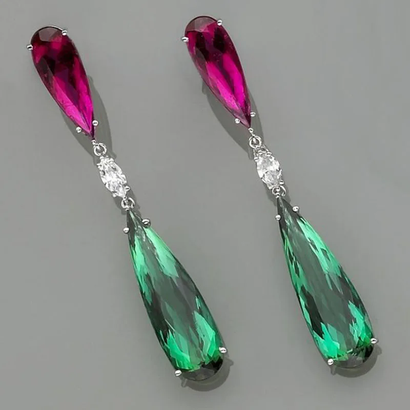 

New Luxury Purple Green Teardrop Zircon Earrings Fashion Wedding Jewelry Long Piecered Crystal Stone Earring For Women