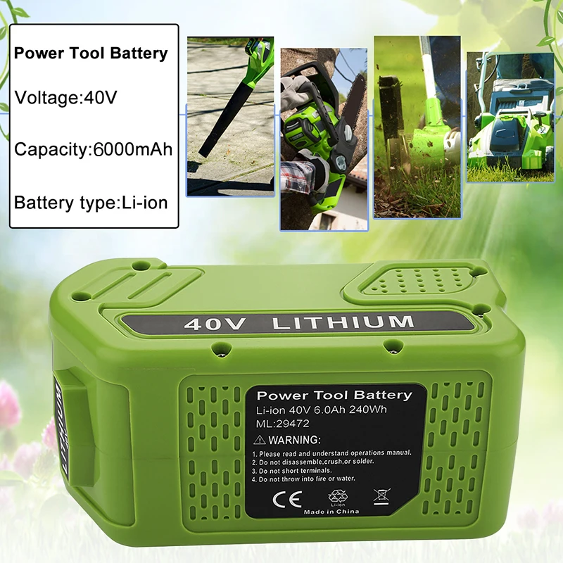 6.0Ah 40V Lithium Replacement Rechargeable Battery for GreenWorks G-MAX 29472 29462 2901319 20302 20672 24252 MO40L410 BA40L210 images - 6