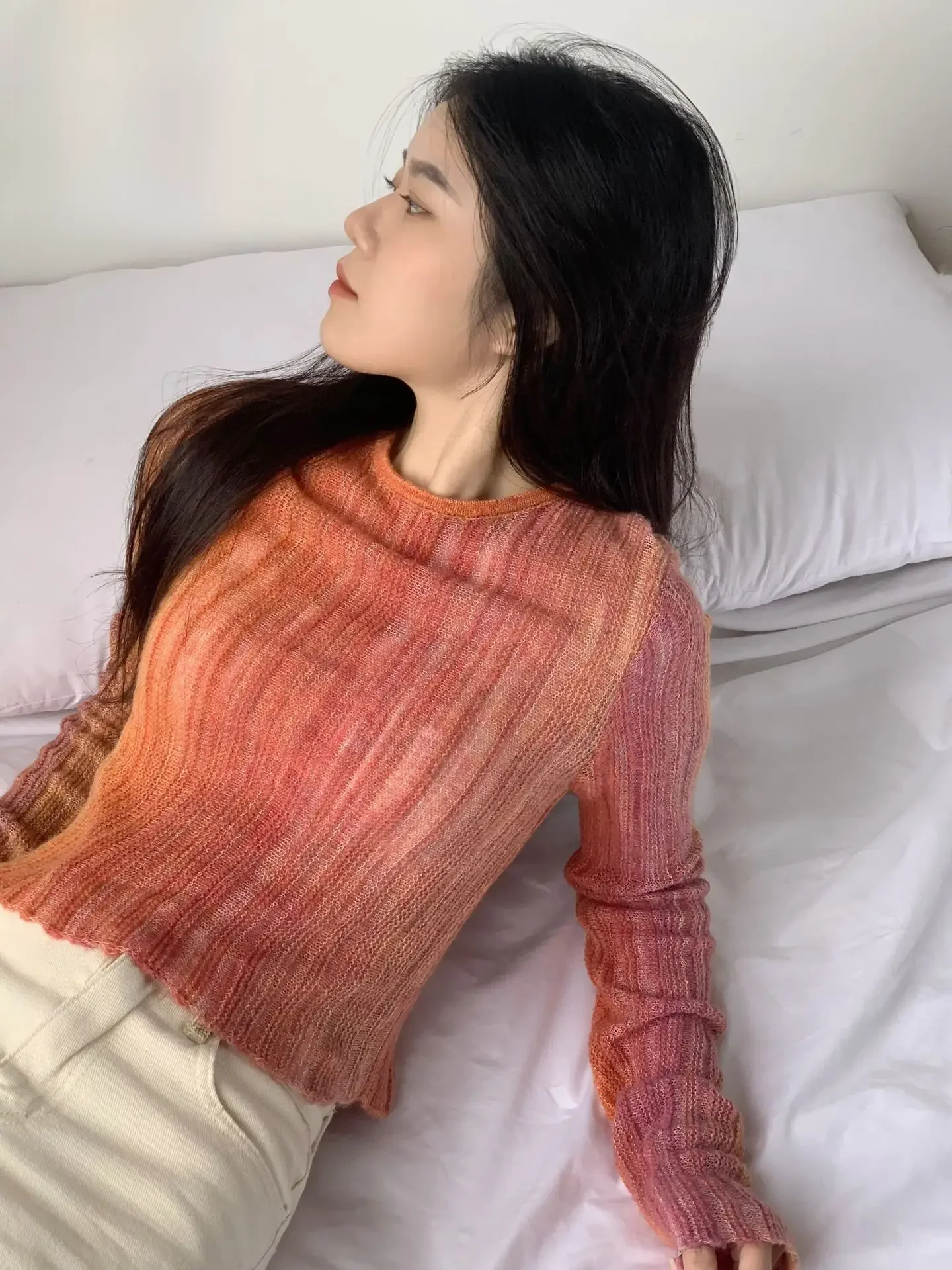 Ранняя осень 2023 укороченный вязаный топ для похудения пуловер с длинными