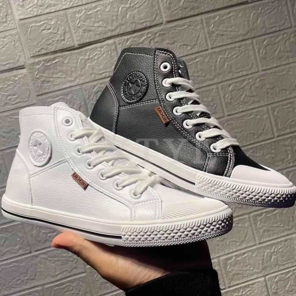 

2022 Spring Autumn Fashion White Leather Trainers Sneakers Women Runing Shoes Black Breathable High Top Lady Shoes Women A1-10