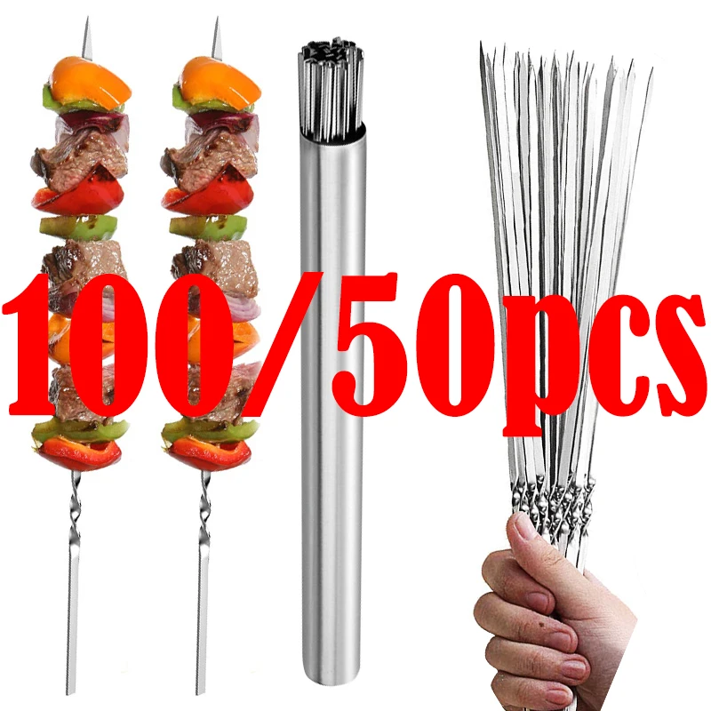 

100/50pc Stainless Steel Skewer Flat Barbecue Skewer BBQ Needle Stick Garden Outdoor Camping Tools bbq Grill Accessories Gadgets