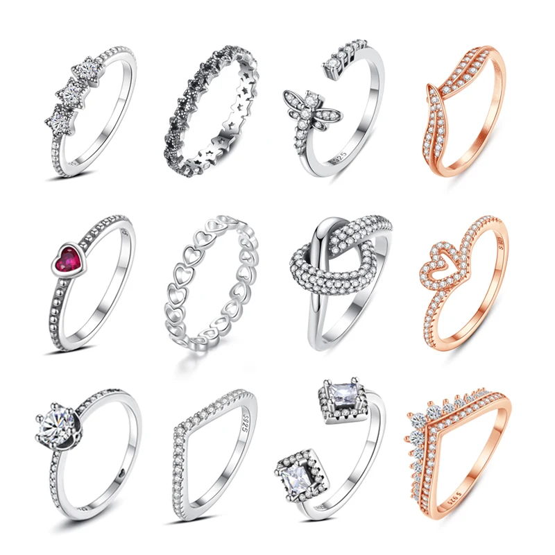 Original 925 Sterling Silver Ring 2022 Love Heart Wishbone Crown Rings Crystal Rose Gold For Women Wedding Gift Jewelry