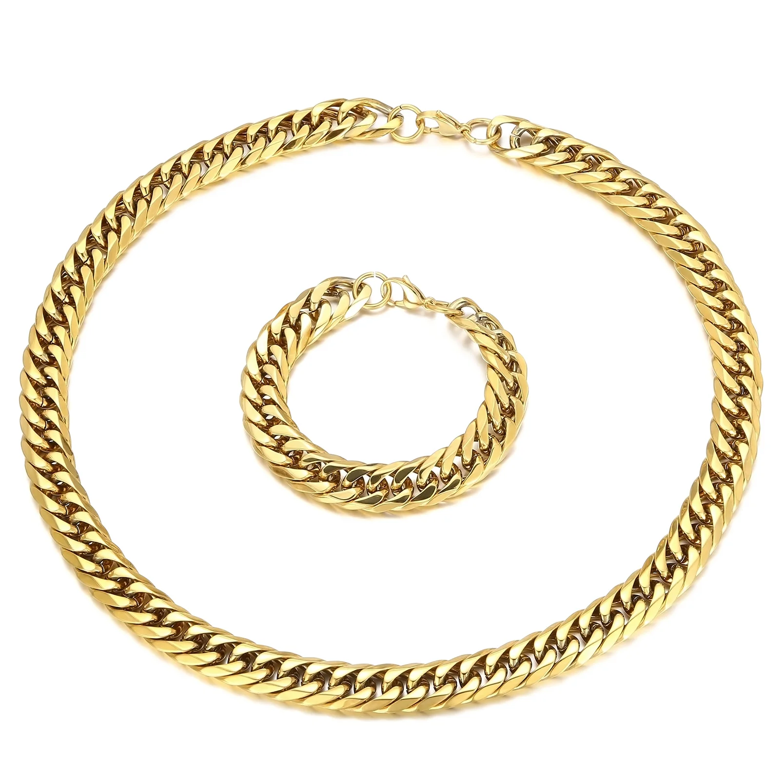 

KALEN 15mm Gold Color Big Link Chain Necklace & Bracelet Jewelry Set Stainless Steel 304 Hip Jewelry
