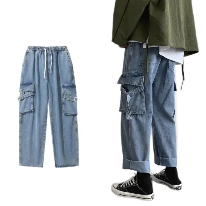 Men Jeans Straight Oversize Size Hole Ripped Street-Wear Large Pocket Elastic Waist Denim Trousers Loose Fashion Harajuku Jeans