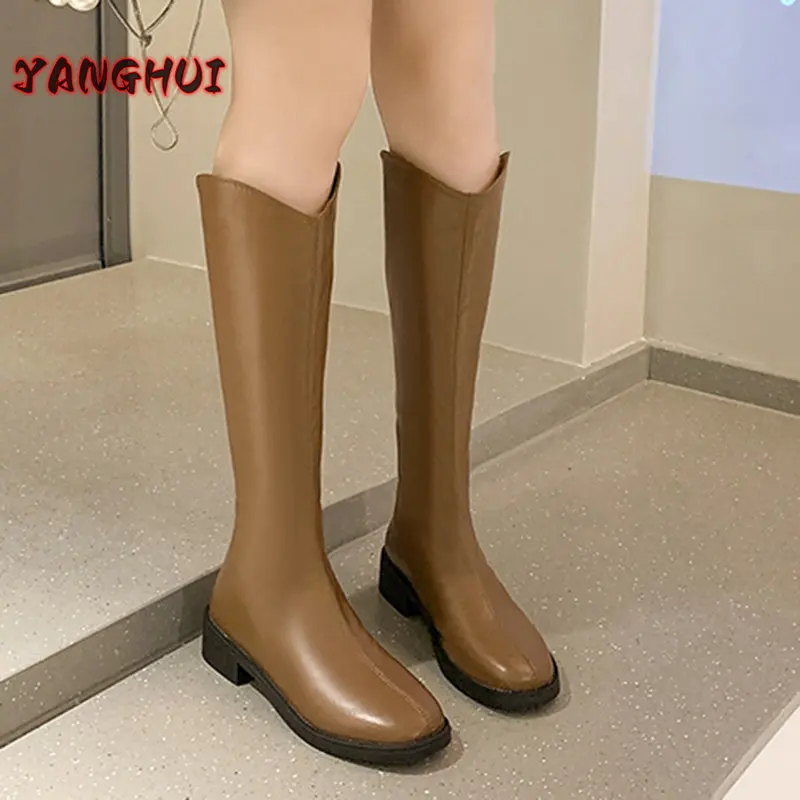 

Winter New Thick Sole Knee Length Boots Elegant Square Heel Women's Shoes Warm and Versatile Nouveau Dans Les Bottes Pour Femmes