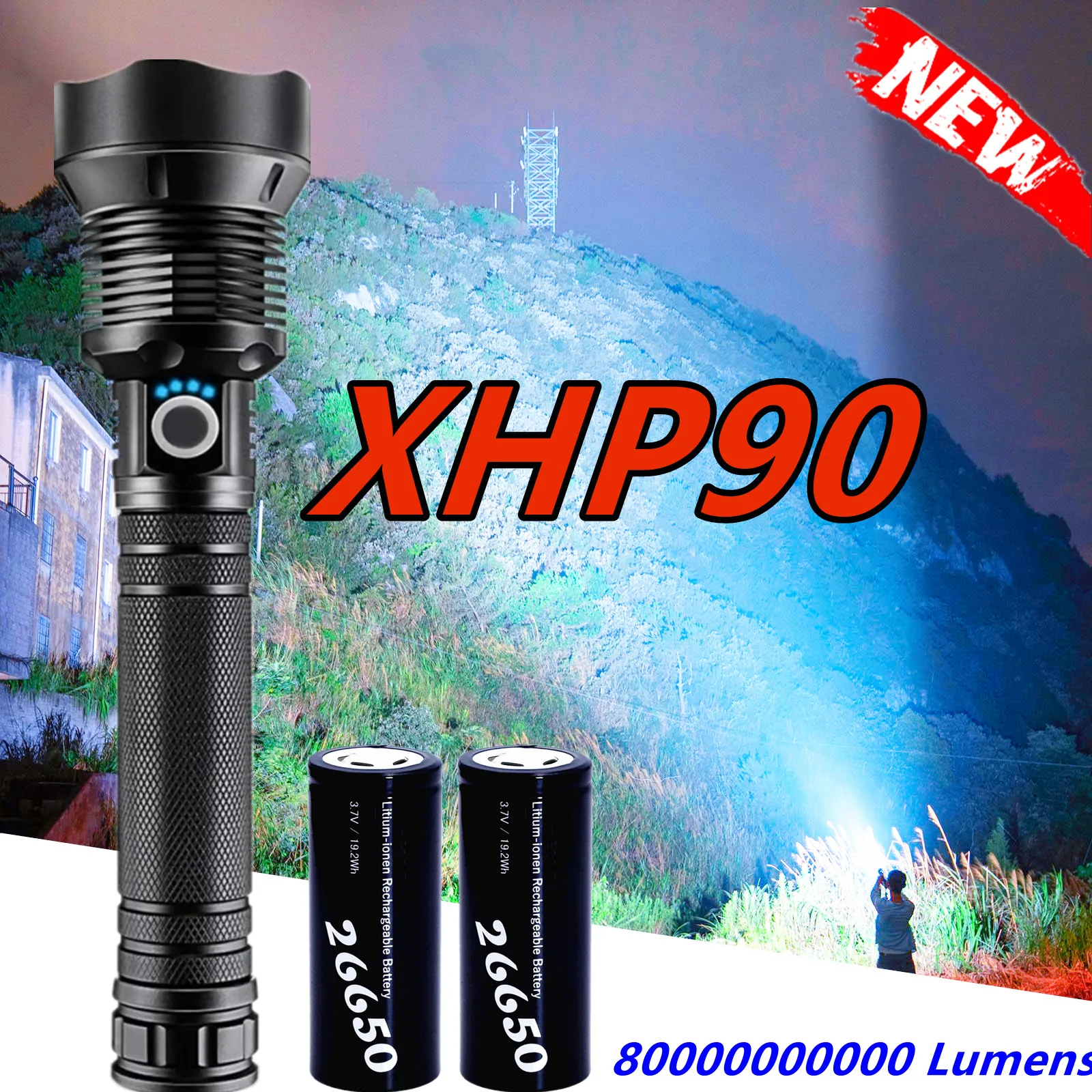 

CREE XHP90 Tactical Flashlight Led Powerful Flash Light 18650 USB Rechargeable Battery Torch Light IPX4 Portable Fishing Lantern