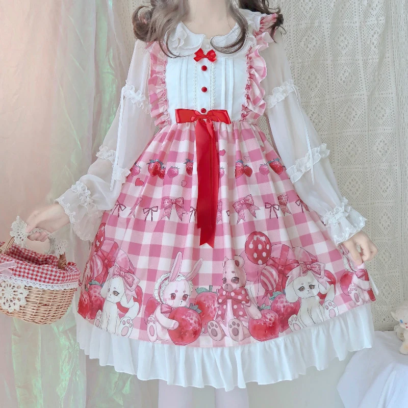 

Anbenser Women's Lolita JSK Dress "Strawberry Bear"Sweet Suspender Dress Sleeveless Ruffles Trim One Piece Dress Original Design