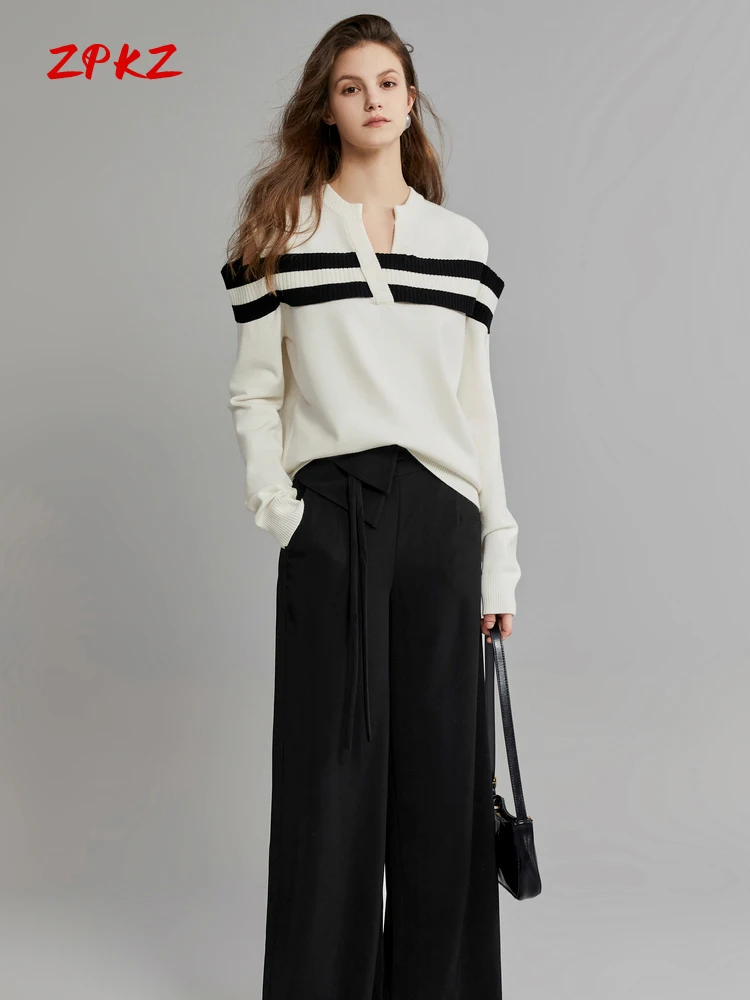 

ZPKZ Wool Off-The-Shoulder Women Sweater V-Neck Design Sense Of Stylish Black And White Paneled Ribbed Female Knitted Top