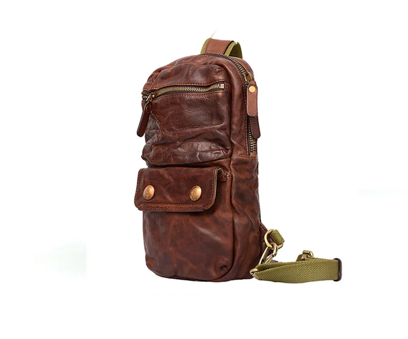 Fashion vintage luxury natural genuine leather men's pleated chest bag outdoor casual real cowhide black tablet shoulder bag