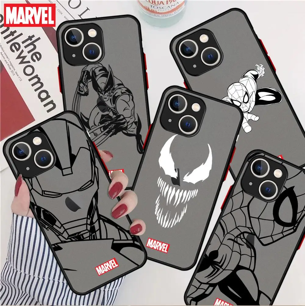 Case for iPhone 14 XR 8 Plus XS SE 2020 7 13 Mini 11 12 Pro Max 6s Shockproof Matte Marvel Iron Man Spiderman Cell Phone Coque