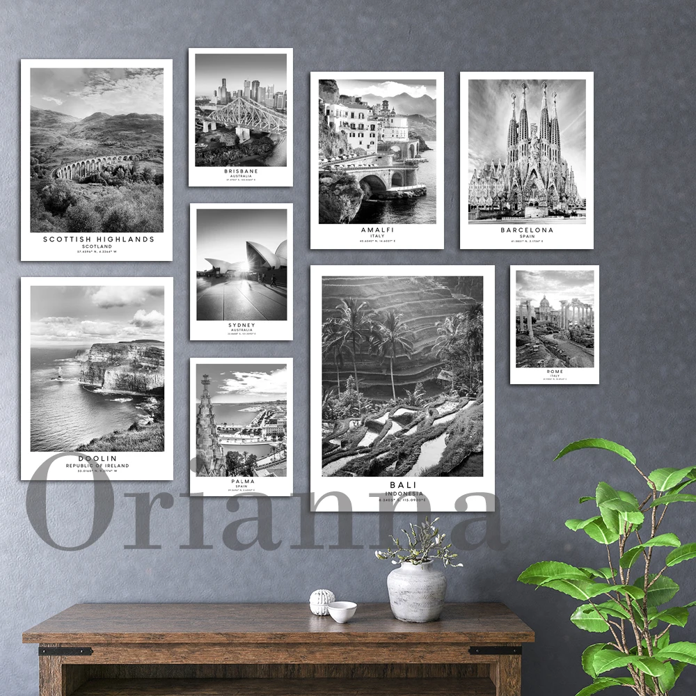 Шотландская долина пальма, Бали, Барселона, Рим, Сидней, Амальфи, Маунт Брисбена, Ruapehu, дорожный принт, черно-белый город, художественный постер, подарок