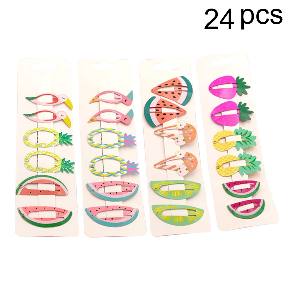 

24pcs Fruit Animal Pattern Hair Clips Kids Cartoon Design Barrettes Girls Metal Snap Hairpin