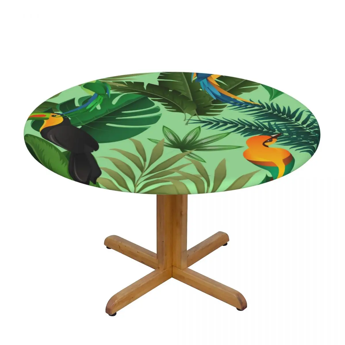 

Round Table Cover for Dining Table Elastic Tablecloth Tropical Birds And Leaves Fitted House Hotel Decoration