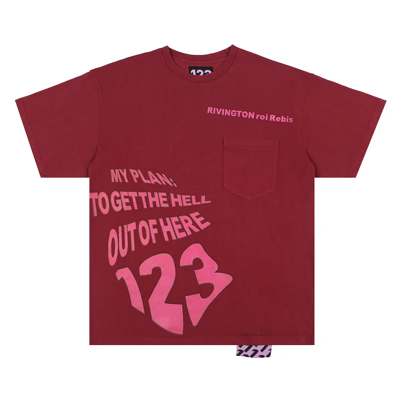 

2022ss RRR123 Claret Color Printed Women Men T shirts tees Hiphop Pocket Men Casual Short Sleeve T shirt