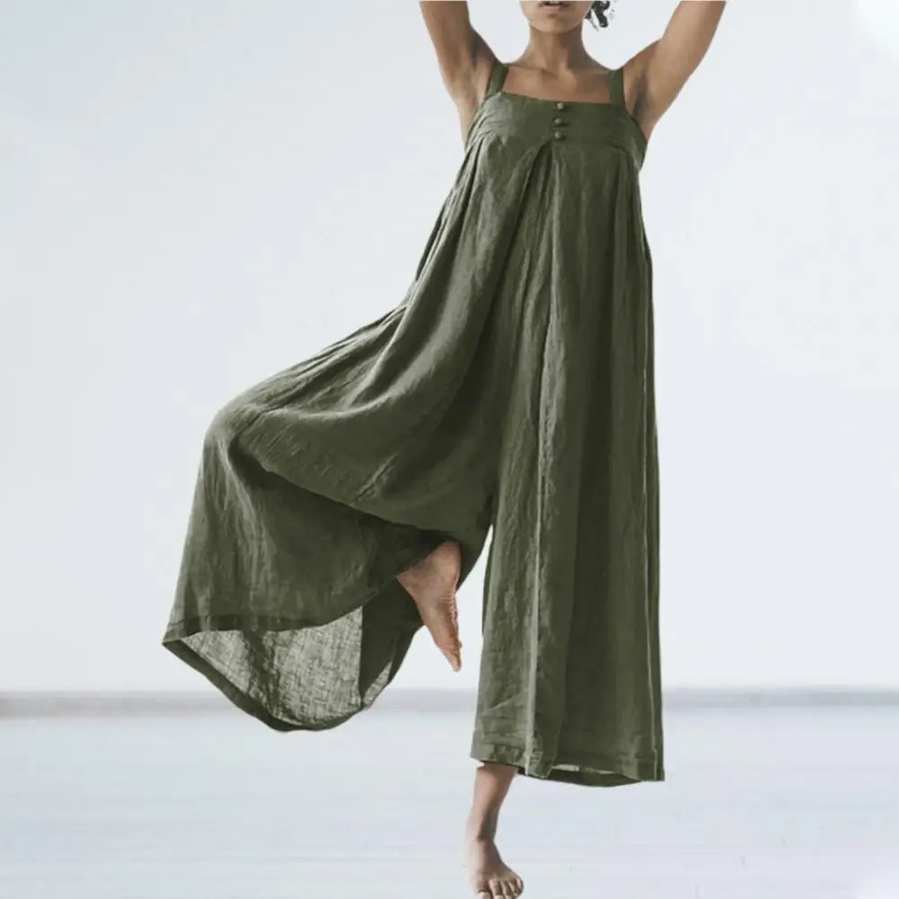 

Women Jumpsuit Spring Summer Sleeveless Ladies Jumpsuit Loose Straps Backless Cotton Linen Jumpsuit Wide Legs Pants Longpants