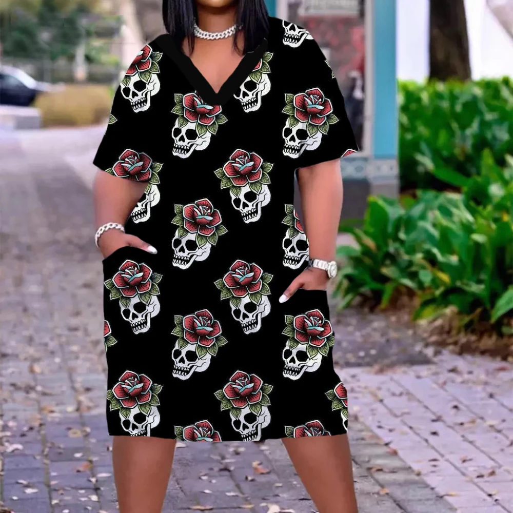 

Women's Dress Top Woman Summer Short sleeve Party Dresses 3D Digital Printing 2022 Sexy Skull Flower Boho Beach Gothic S-5XL