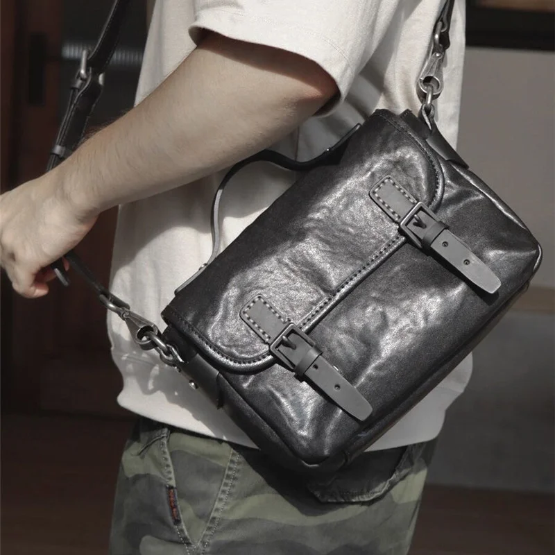 Casual designer organizer luxury genuine leather men balck messenger bag outdoor travel daily natural real cowhide shoulder bag
