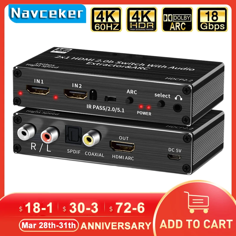mini 2x1 4k hdmi switch audio extractor with arc optical toslink hdmi 2 0 switch 4k 60hz hdmi switcher remote for apple tv ps4 free global shipping