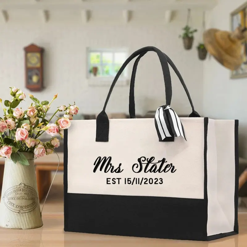 

Embroidered Mrs. Last Name Est Year Tote Bag Personalized Date Wedding Tote Canvas Bridal Shower Honeymoon Customized Embroidery