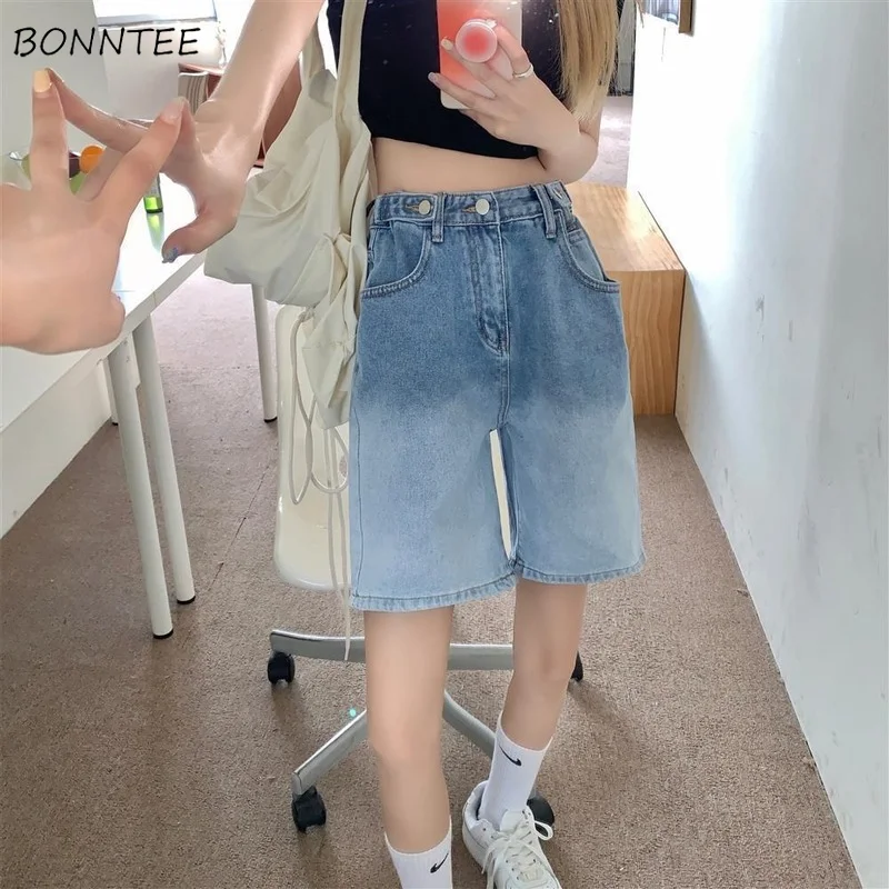 

Shorts Woman Gradient Washed Pockets Denim All-match Sweet Cool Summer Simple Ladies Trendy Straight Streetwear Korean Style New