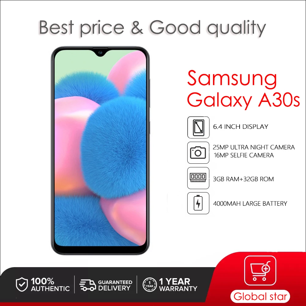 

Original Unlocked Samsung Galaxy A30S A307F Dual Sim Unlocked 4GB 64GB Android Wi-Fi 16MP 6.4'' Mobile Phone