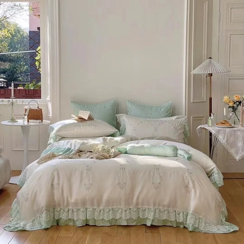 

Summer Smooth Soft Silky Cool Natural Wood Pulp Fiber Flowers Embroidery Bedding Lace Quilt Cover Set Bed Linen Pillow Sham