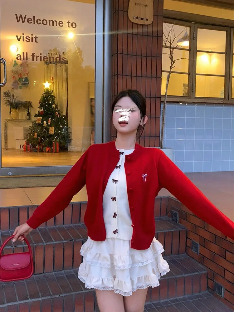 Red Christmas New Year Wear Bows Knitting Cardigan Women's Clothes Fall and Winter Arrival Fake Two-Piece round Neck Long...