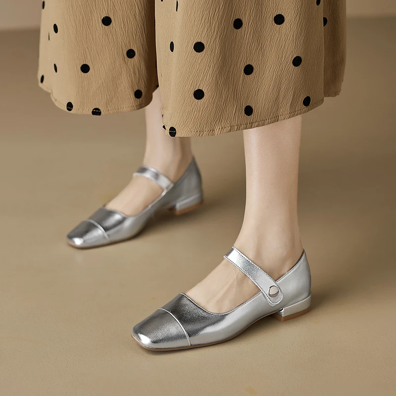 Jiovodo Genuine Cow Leather Slipon Loafers Mary Jane Gold Silver Dancing Flats Buckle Shoes Ladies Spring Fall Preppy Style Girl