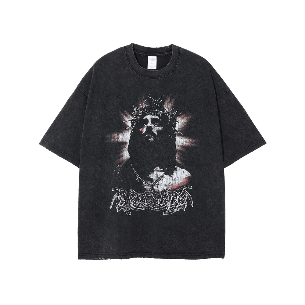 

Gothic Portrait Prin Washed Black Vintage Distress T-Shirts Men Retro Summer Oversized Cotton Tops Tees Streetwear Hip Hop
