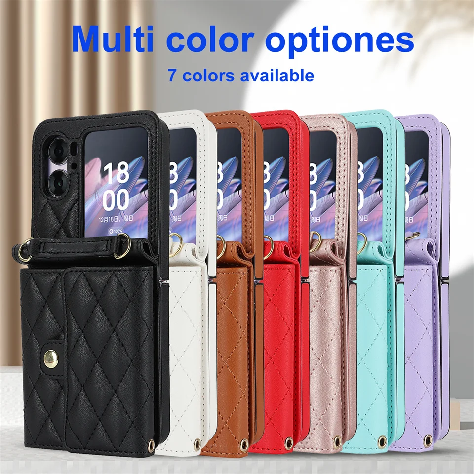 Long Lanyard Wallet Card Solt Crossbody Leather Phone Case For OPPO Find N2 Flip Cards Holder Coin Purse Cover Shockproof Bag