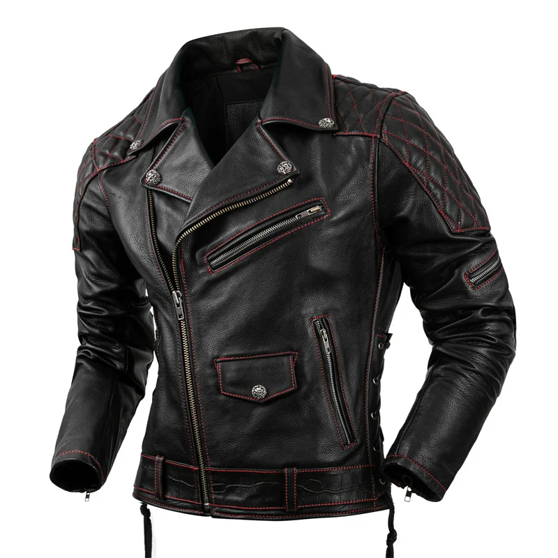 

Мужская мотоциклетная куртка из натуральной воловьей кожи, облегающая Байкерская одежда из натуральной кожи для осени и зимы