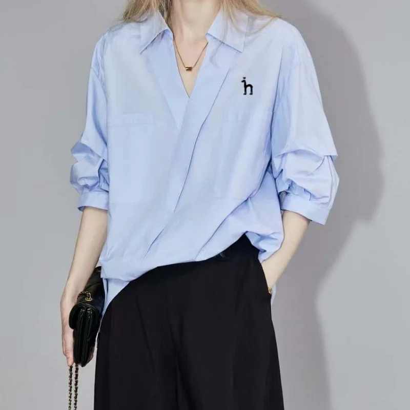 

Женская одежда, белая дизайнерская рубашка с длинным рукавом для гольфа, женская летняя новая свободная и тонкая Ретро Роскошная Рубашка премиум-класса