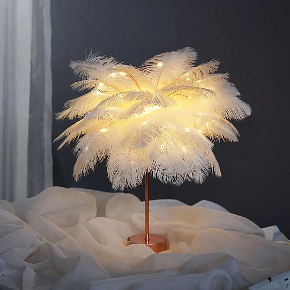 

80 LEDs Romantic Creative DIY Ornament Fairy Feather Table Lamp Feather Crafts Bedroom Decor LED Night Light