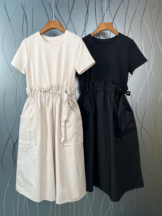 

2022 new women fashion short sleeve round neck waist drawstring crinkle waist symmetrical pocket dress 426