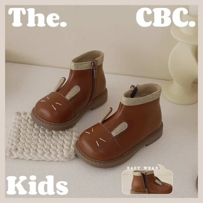 

Girls' Rabbit Leather Boots 2023 Autumn and Winter New Plush High Top Exquisite Princess Shoes Casual Cute Kid's Chelsea Boots