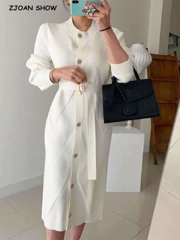 

Autumn Winter O neck Single-breasted Buttons Knitted Sweater Dress Women Tide Bow Sashes Full Sleeve Midi Robe White black Pink