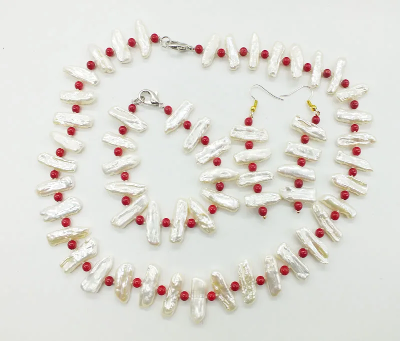 NEW Artists Подлинный Biwa Baroque White Stick Жемчуг и Красный Коралл браслет серьги. Колье