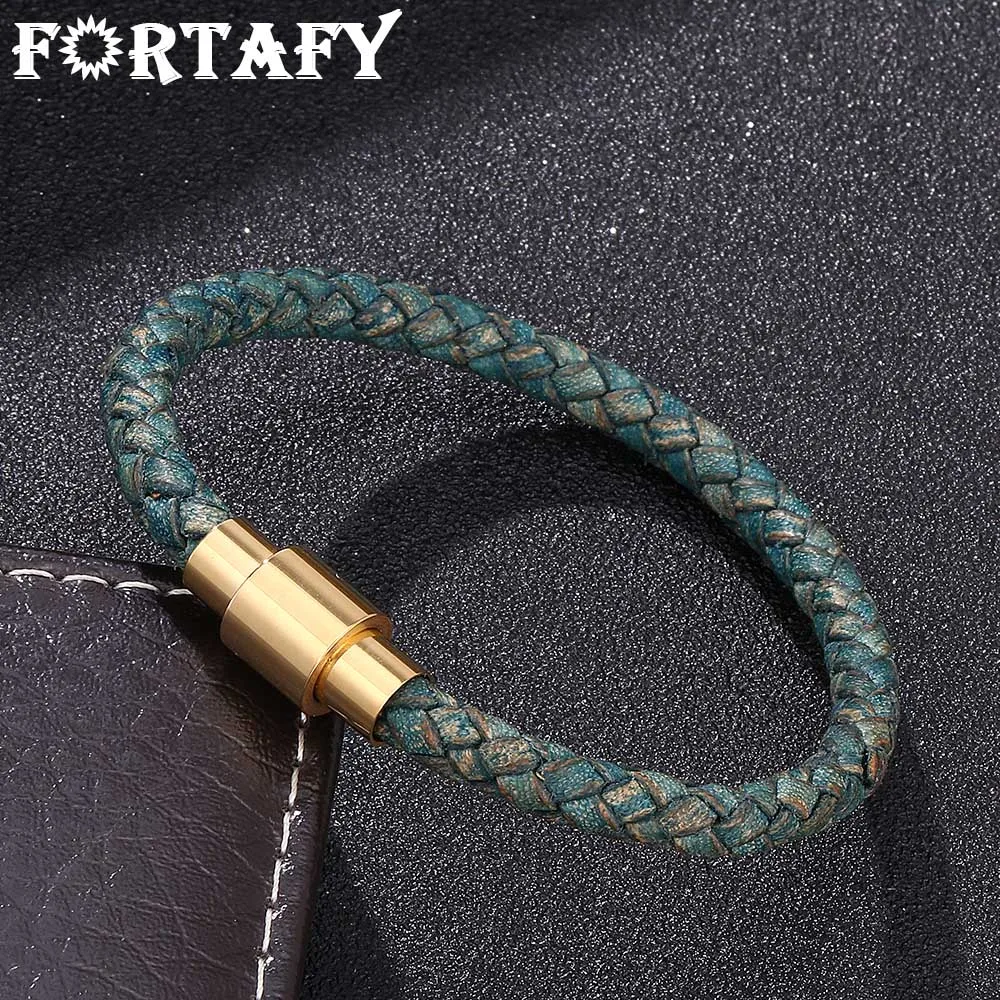 

FORTAFY Bracelet for Women Men Jewelry Vintage Green Braided Leather Hand Bracelet Unisex Steel Magnetic Clasp Bangles FR0251GR