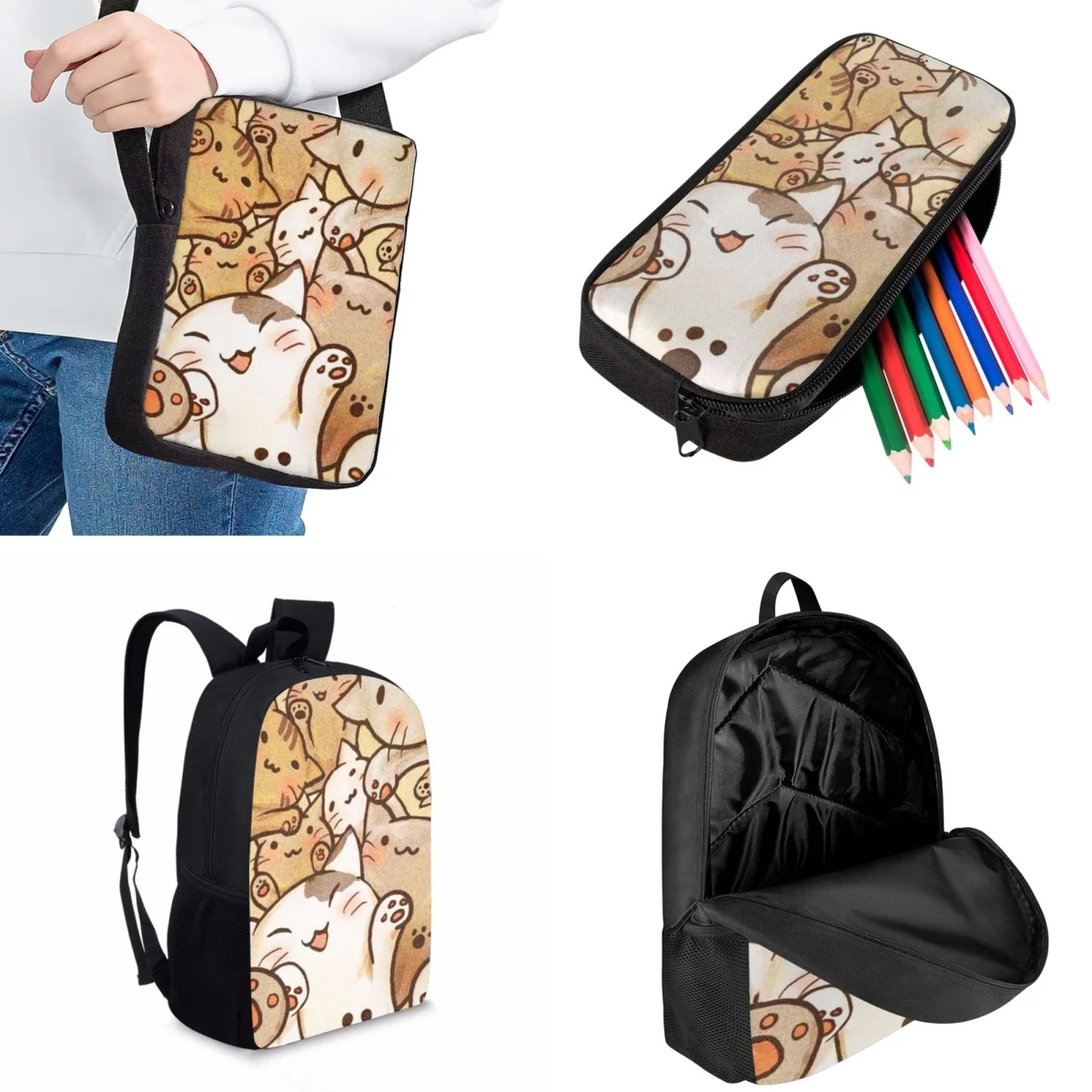 Jackherelook Cute Kitten Illustration Print Children's School Bags Casual Fashion Travel Backpack Kids Girls School Book Bag Set