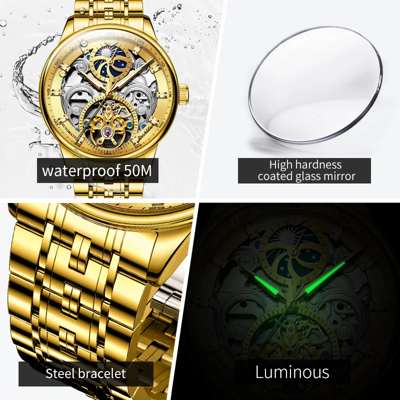 Часы JSDUN Мужские механические Роскошные водонепроницаемые светящиеся