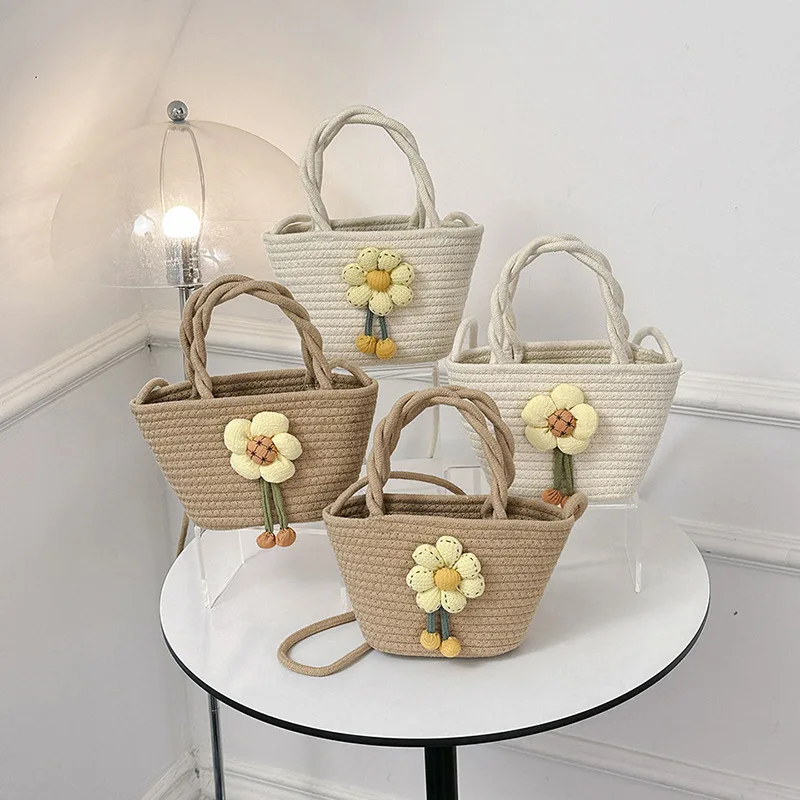 

2023 New French Style Small Bucket Bag Casual Women Handbag Purse Cotton Rope Woven Shoulder Bag Summer Beach Crossbody Bag