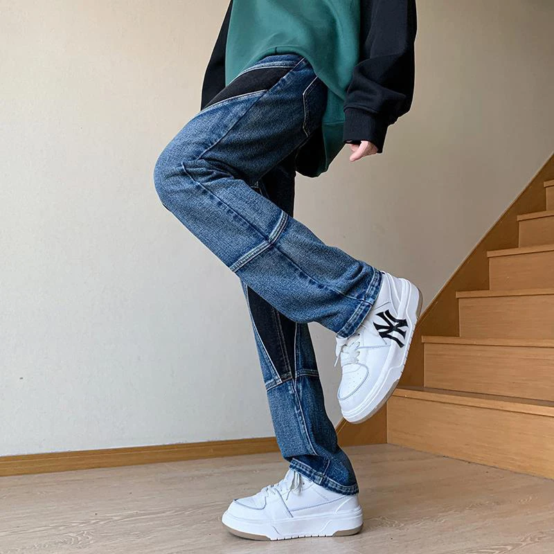 DEEPTOWN Blue Patchwork Jeans Men Loose Fashion Straight Denim Pants Casual Streetwear Trousers Male Vintage Hip Hop Spring